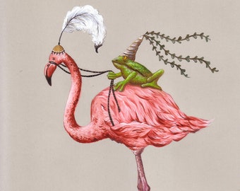 Frog Princess and Flamingo, Art Print, Whimsical Art, Cute Art Print, Kid&#39;s Bedroom Art, Frog Art, Flamingo Art, Girl&#39;s Bedroom Art