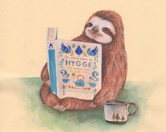 Sloth Reading, Hygge, Art Print