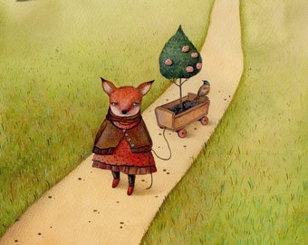 Fox walking her rose bush, art print