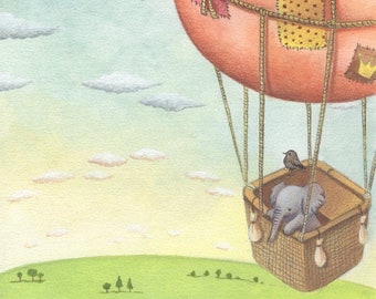 ORIGINAL ART Elephant in Hot Air balloon