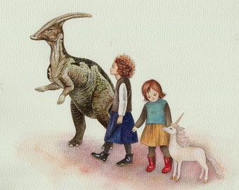 Sisters, Dinosaur Art, Modern Girl's Bedroom Art, Bedroom Decor, Watercolor Print, Unicorn Art