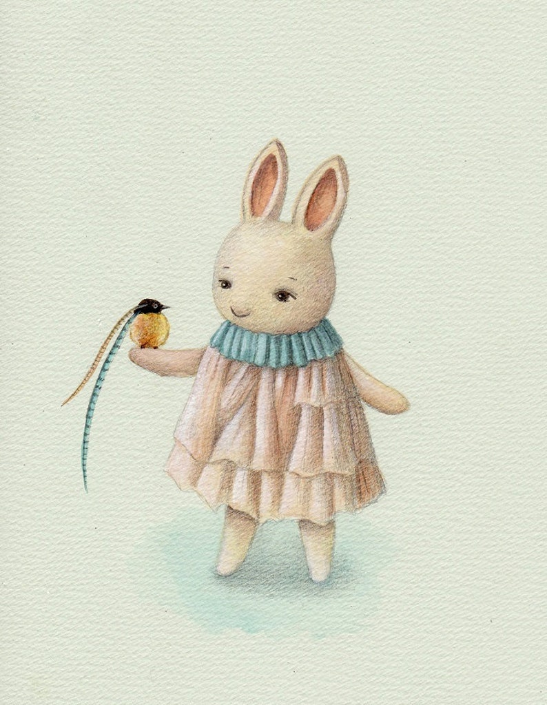 Osterhase mit einem Vogel-Kunstdruck Bild 1