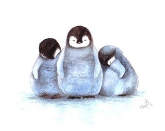 Children&#39;s Art - Sleepy Penguins Art Print, Newborn Art, Animal Print, Watercolor Print, Baby Gift, Baby Penguins, Nursery Decor