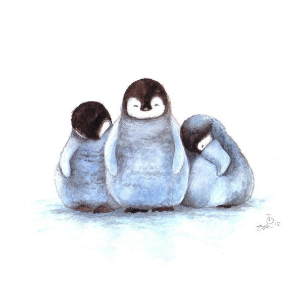 Children's Art - Sleepy Penguins Art Print, Newborn Art, Animal Print, Watercolor Print, Baby Gift, Baby Penguins, Nursery Decor