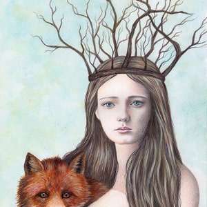 Forest Girl with Fox, Art Print, Watercolor Art, Wall Art, Bedroom Decor, Girls Bedroom Art, Whimsical Art, Home Decor, Girls Gift