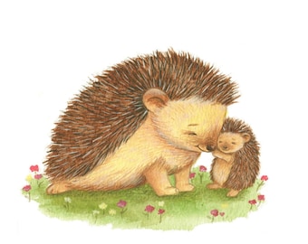 Mummy and Baby Hedgehogs, Art Print, Hedgehog Art, Nursery Decor, Newborn Art, Baby Gift, Watercolor Print, Cute Art Print, Kid's Art