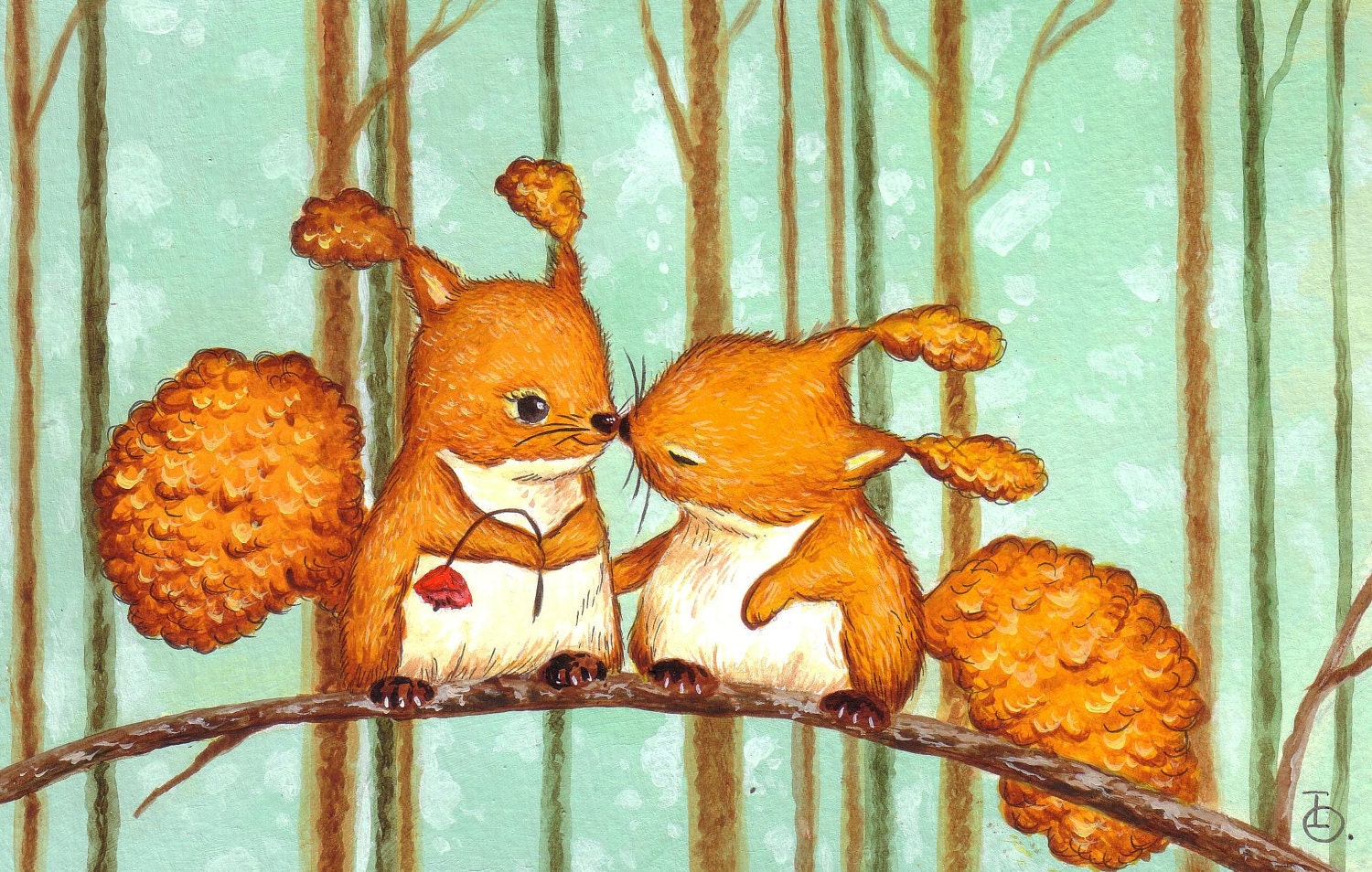 Kissing Squirrels Art Print, Kid's Art, Baby Gift, Watercolour Print, Nursery Decor, Modern