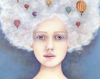 Head in the Clouds, Art Print, Whimsical, Gift, Girl's Room Decor, Bedroom Art, Hot Air balloons, Watercolor Print