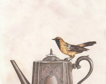 Teapot and a Yellow Bird, Art Print, Watercolor Art, Wall Art, Bedroom Decor, Girls Bedroom Art, Whimsical Art, Home Decor, Girls Gift
