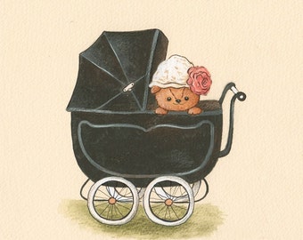 Mädchen-Teddybär in einem Kinderwagen-Kunst zu drucken, Neugeborene Kunst, Babys Schlafzimmer Illustration, Kinderzimmer Decor, Baby Geschenk, Baby Nursery Kunstdruck, London Art