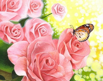 ORIGINAL PAINTING Pink Roses and Butterfly
