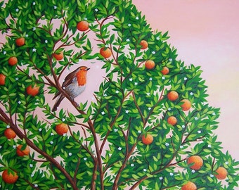 Robin and an Orange Tree Art Print from an original painting