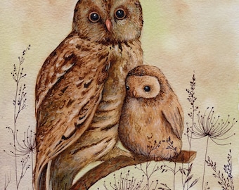 ORIGINAL ART Mummy and Baby Owl