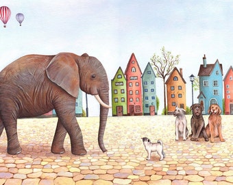 Elephant and Pug, Art Print, Unisex Nursery Art, Nursery Decor, Gift, Watercolor Print, Elephant Art, Colorful Houses, Bedroom Illustration