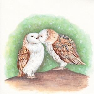 Owl Art, Kissing Owls, Art print, Nursery Decor, Watercolor Print, Baby Gift, Baby Nursery Art, Natural, Animal Print