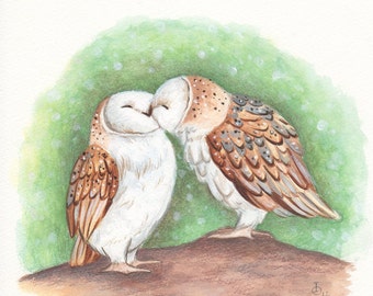 Owl Art, Kissing Owls, Art print, Nursery Decor, Watercolor Print, Baby Gift, Baby Nursery Art, Natural, Animal Print