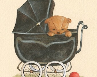 Teddybär in dem Kinderwagen ein Druck nach einem Aquarell von Irene Owens