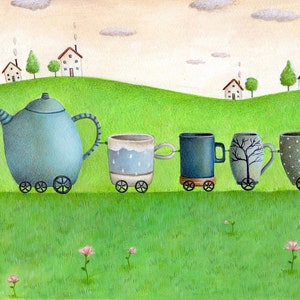 Tee Time Train, Kunstdruck, Aquarell Print, skurrilen Art, Kinderzimmer Decor, Kinder Schlafzimmer, Baby Geschenk, niedlich-Kunst, Teekanne und Tassen