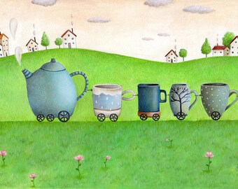 Tea Time Train, Art Print, Watercolor Print, Whimsical Art, Nursery Decor, Kid's Bedroom Art, Baby Gift, Cute Art, Teapot and Cups