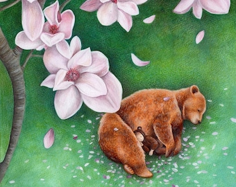 Sleeping Bears, Magnolia, Art Print, Bedroom Wall Decor, Bedroom Wall Art, Nursery Art, Kids Wall Art, Bear Art, Magnolia Art, Watercolor