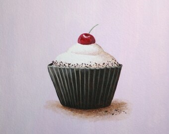 Cupcake Art, Kitchen Art, Cherry Cupcake Print 8x8