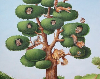 Nursery Art - Squirrel Tree Art Print, Animal Art, Nursery Decor