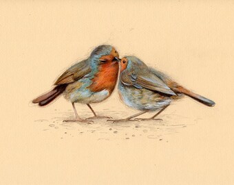 BIRD Art, Kissing Robins, Art print, Nursery Decor, Watercolor Print, Natural, Animal Print