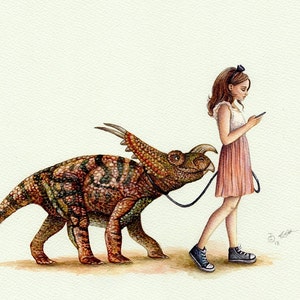 A Morning Walk Art Print, Dinosaur Art, Whimsical, Modern Girl's Bedroom Art, Bedroom Decor, Watercolor Print, Gift