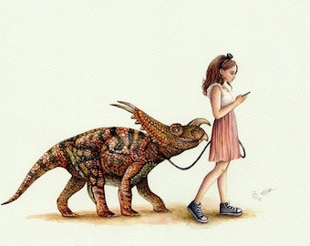 A Morning Walk Art Print, Dinosaur Art, Whimsical, Modern Girl's Bedroom Art, Bedroom Decor, Watercolor Print, Gift