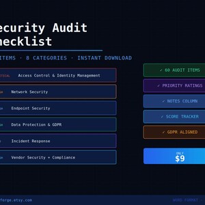 May include: A dark blue digital document titled "Security Audit Checklist" with white text. It lists 60 items, 8 categories, and includes sections for access control, network security, and data protection. The price is $9.