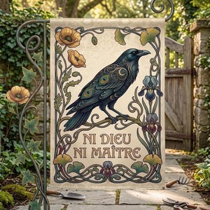 Può includere: Una bandiera da giardino con un corvo stilizzato con dettagli di piume di pavone, posato su un ramo. La bandiera ha uno sfondo color crema con accenti floreali e di foglie, e il testo "NI DIEU NI MAÎTRE".