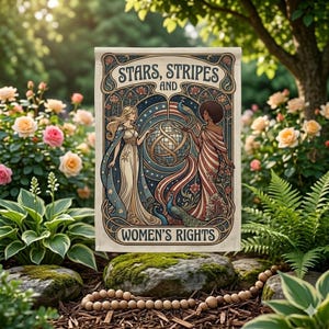May include: A garden flag with the text "STARS, STRIPES AND WOMEN'S RIGHTS" in a vintage style. The flag shows illustrations of two women, a globe, and peacock feathers. The background is a garden with flowers and greenery.
