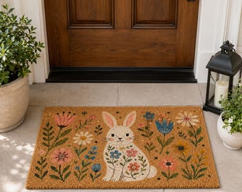 Folk Art Bunny Doormat, Rabbit Floral Door Mat, Spring Garden Welcome Mat, Cottagecore Porch Decor, Faux Coir Outdoor Rug