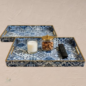 Blue Porcelain Decorative Serving Tray with Handles, Rectangle Coffee Table Tray, Chinoiserie Vanity Organiser Deco