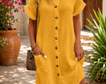 Lässiges Damen Kleid mit V-Ausschnitt, Knielang, Polyester, Kleid für Sommer Strand Urlaub