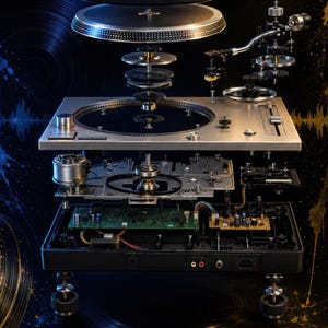 May include: An exploded view of a silver and black turntable, showcasing its internal components. The image highlights the various parts, including the platter, tonearm, and circuit board, against a dark background with vinyl record silhouettes.
