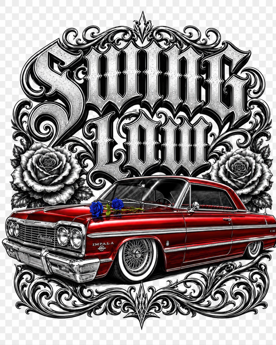 Lowrider Impala PNG, Red Car Blue Roses, Chicano Art (digital