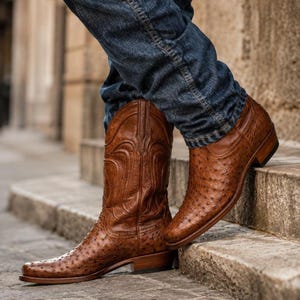 Könnte beinhalten: Ein Paar braune Cowboystiefel aus Leder mit einer strukturierten Straußenfeder-Optik am Fuß und einem glatten Lederschaft mit Ziernähten. Die Stiefel werden zu einer dunkelblauen Jeans getragen und zeigen eine klassische Western-Silhouette.