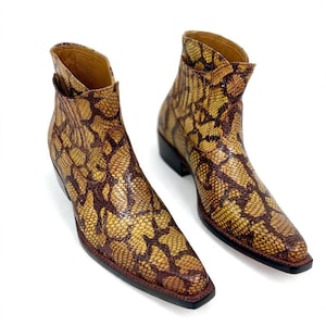 Men's Python Leather Chelsea Boots | Gold Brown Snakeskin Western Boots | Exotic Python Ankle Boots | Handmade Python Cowboy Boots