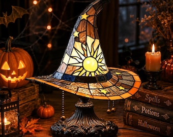Witch Hat Light, Brown Stained Glass Style Lamp, Celestial Halloween Decor, Witchcore Table Light, Gothic Gift for Witch Lover