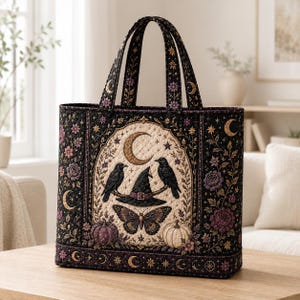 May include: A quilted tote bag featuring a black background with a central cream-colored panel. The design includes two black crows, a witch hat, a butterfly, pumpkins, crescent moons, stars, and purple floral accents on the front.
