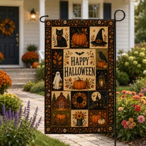 May include: A rectangular garden flag featuring a collage of Halloween imagery including a black cat, pumpkins, a witch hat, a ghost, a crow, a barn, a haunted house, and the text Happy Halloween, all framed by a decorative floral border.