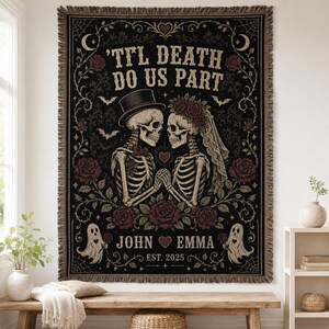 Personalized Gothic Woven Blanket, Skeleton Couple Wedding Gift, Custom Names Halloween Anniversary Throw, Til Death Decor