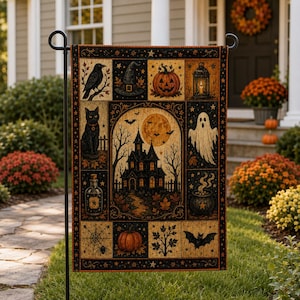 May include: A rectangular garden flag featuring a central illustration of a haunted house under a full moon, surrounded by panels depicting a black cat, a raven, a witch hat, a jack-o'-lantern, a ghost, a potion bottle, a cauldron, and a bat.