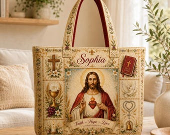 Personalized Jesus Quilted Tote Bag, Christian Faith Carryall for Women, Sacred Heart Bible Gift, Catholic Religious Tote