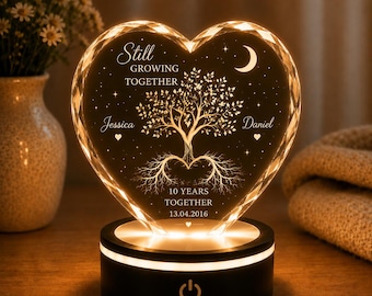 Personalized Crystal Heart Lamp, Tree of Life Couple Gift, Anniversary Keepsake Night Light
