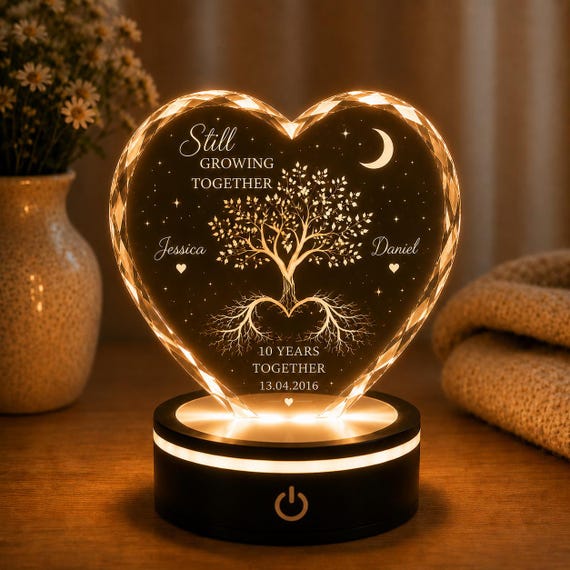 Personalized Crystal Heart Lamp, Tree of Life Couple Gift, Anniversary Keepsake Night Light