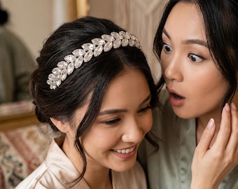 Fascia per capelli con corona di foglie di cristallo: accessorio per capelli da sposa in argento, copricapo nuziale con strass a forma di marquise