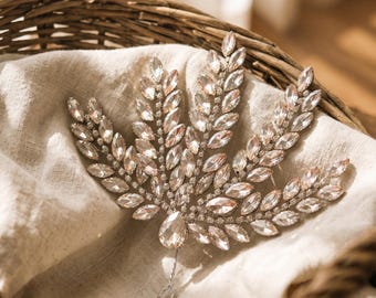 Crystal Leaf Spray Haarteil | Braut Kopfschmuck Silber Strass | Statement Hochzeit Haarspange