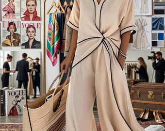 Eleganter Boho-Jumpsuit für Damen mit weitem Bein und V-Ausschnitt, schickes Sommer-Chanu-Set, Minimalist-Resort